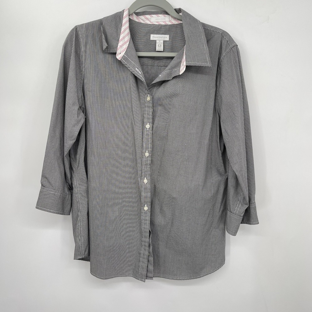 Charter Club 14 Button Down Shirt Women Black White Gingham Iron-Free 3/4 Sleeve